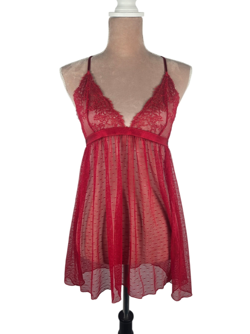 Victoria's Secret Lace Babydoll Nightie Sheer Racerback Empire Waist Red Large